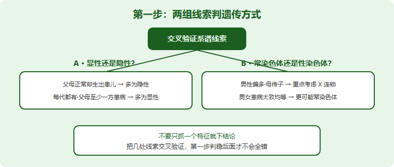判遗传方式的两组线索：显性还是隐性、常染色体还是性染色体
