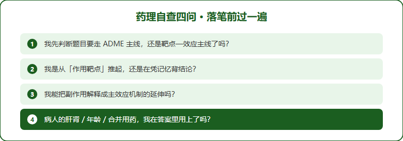 药理推理自查四问：走对主线了吗、从靶点推起了吗、副作用是机制延伸吗、特殊人群考虑了吗
