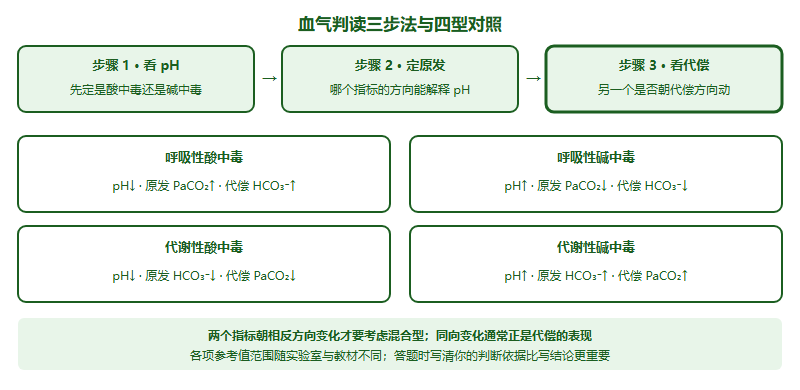 血气三步判读法与四型酸碱失衡对照:第一步看 pH 判断酸碱方向,第二步看二氧化碳分压与碳酸氢根哪一个的变化能解释 pH 从而确定原发紊乱,第三步看另一个指标是否朝代偿方向变动;下方列出呼吸性酸中毒、呼吸性碱中毒、代谢性酸中毒与代谢性碱中毒四型的指标方向
